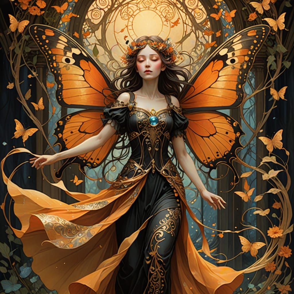 Gothic Fairy with Butterfly Wings in Art Nouveau Style