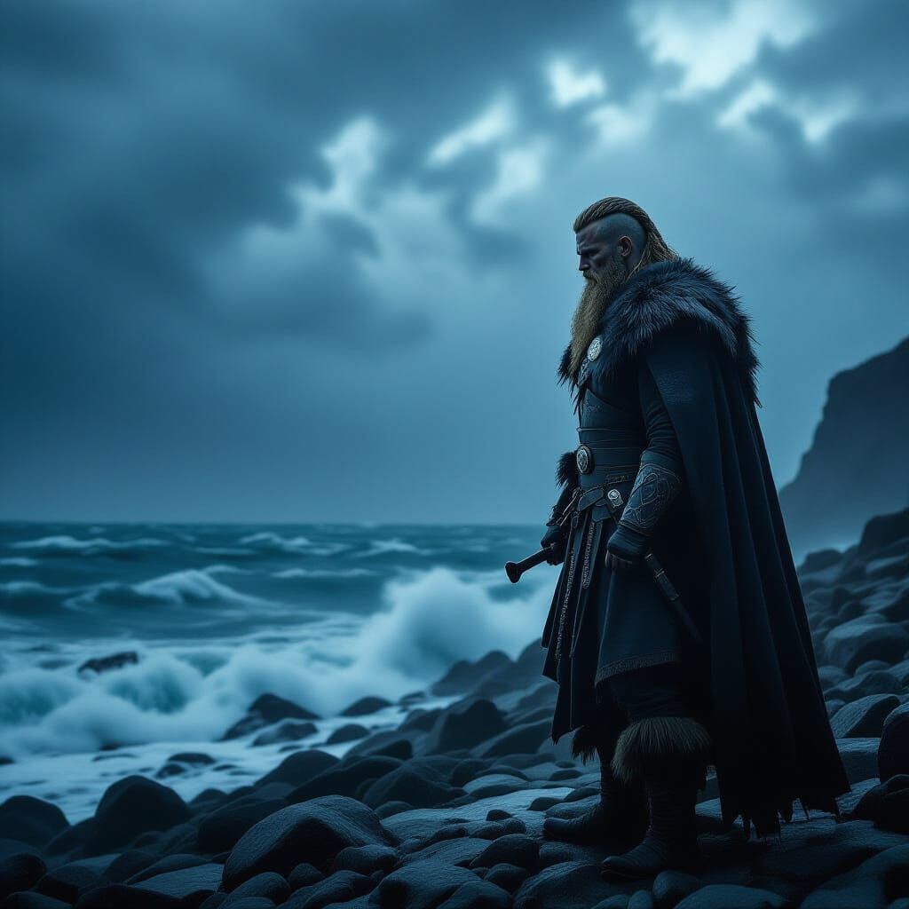 Viking Warrior Odin on Stormy Shore Oil Painting
