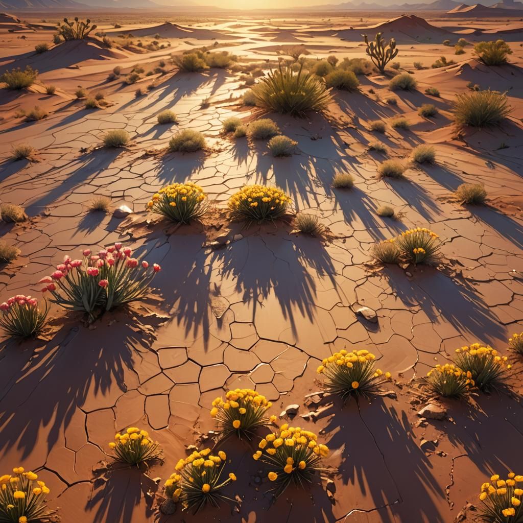 Hyperrealistic Flowering Desert at Sunset