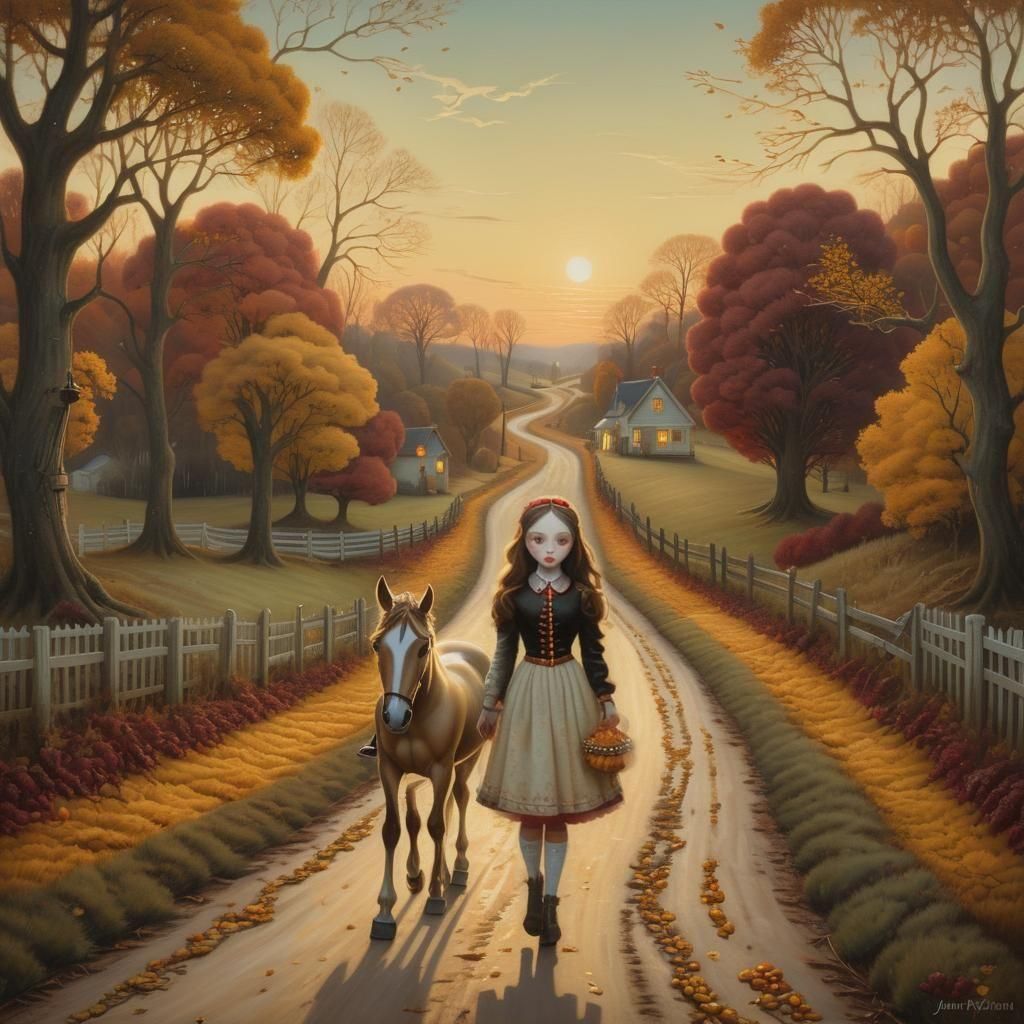 Pop Surrealist Girl Walks Home in Autumn