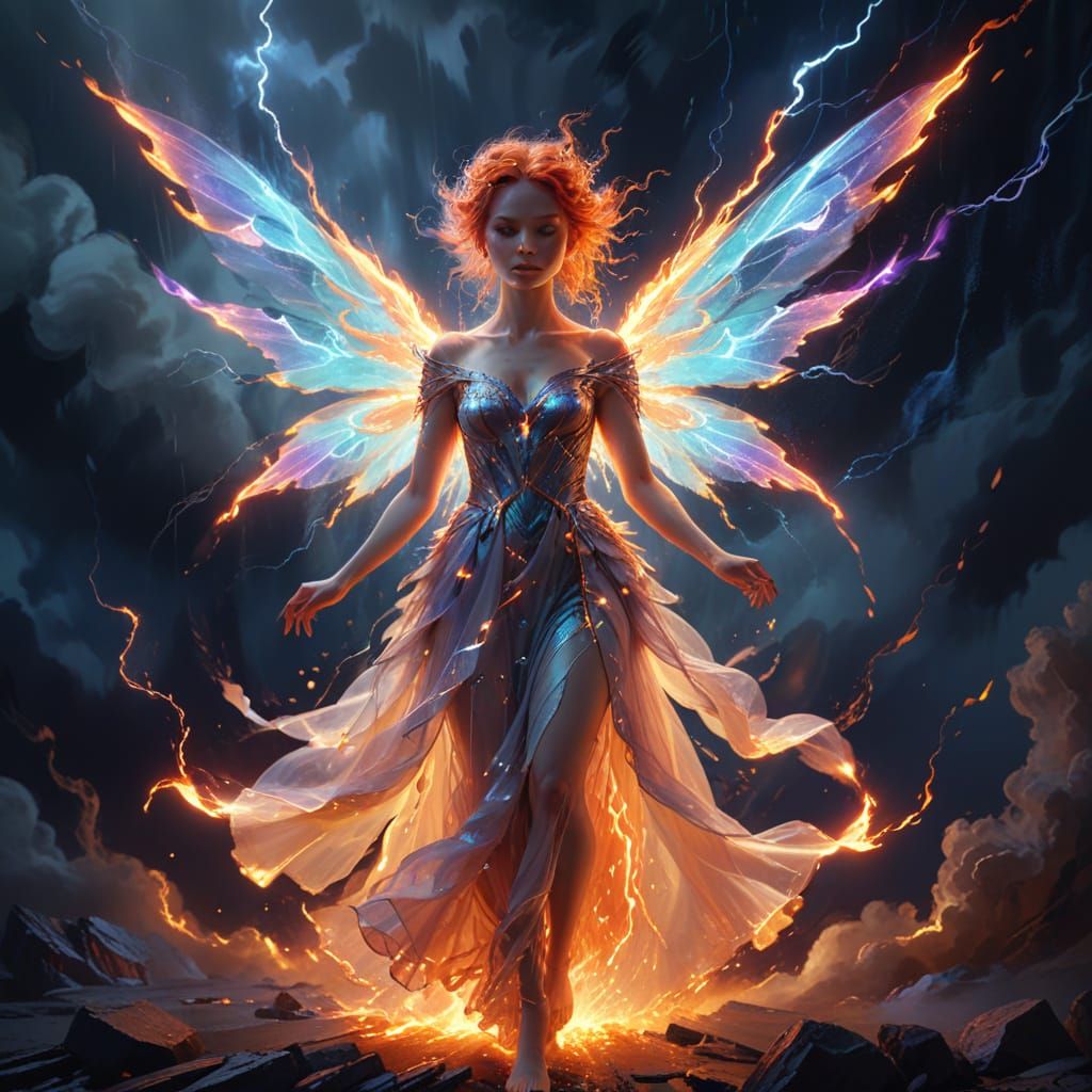 Fairy in Lightning Gown with Fiery Ringlets