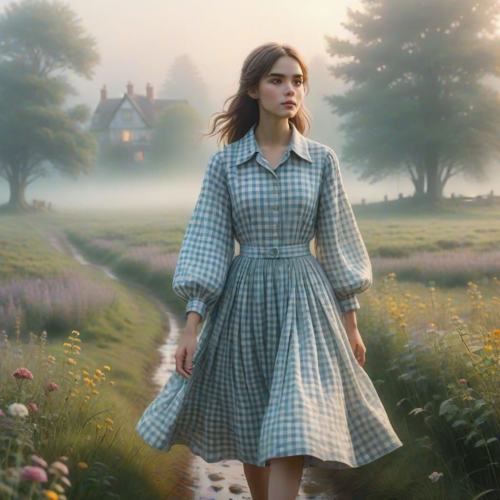 Gingham Fantasy Landscape with Elegant Woman