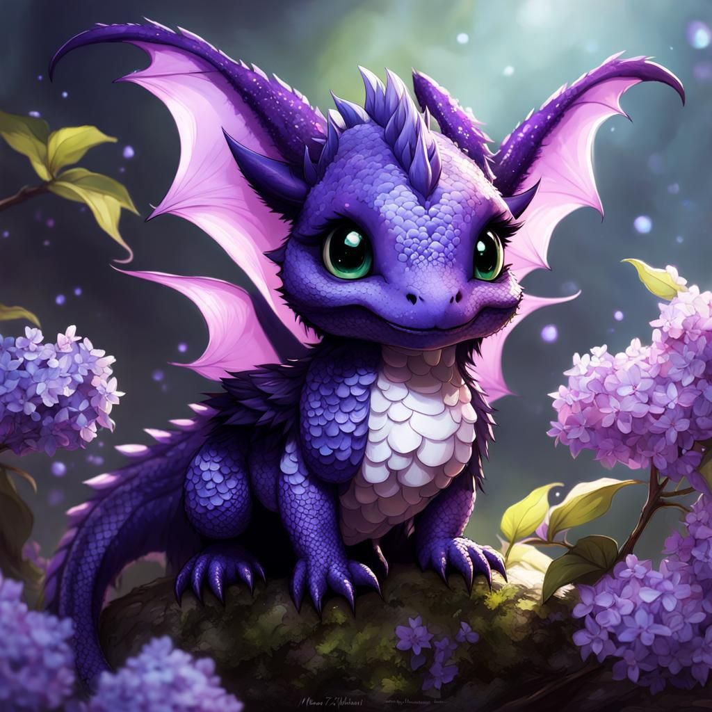 Cute Purple Baby Dragon with Lilacs
