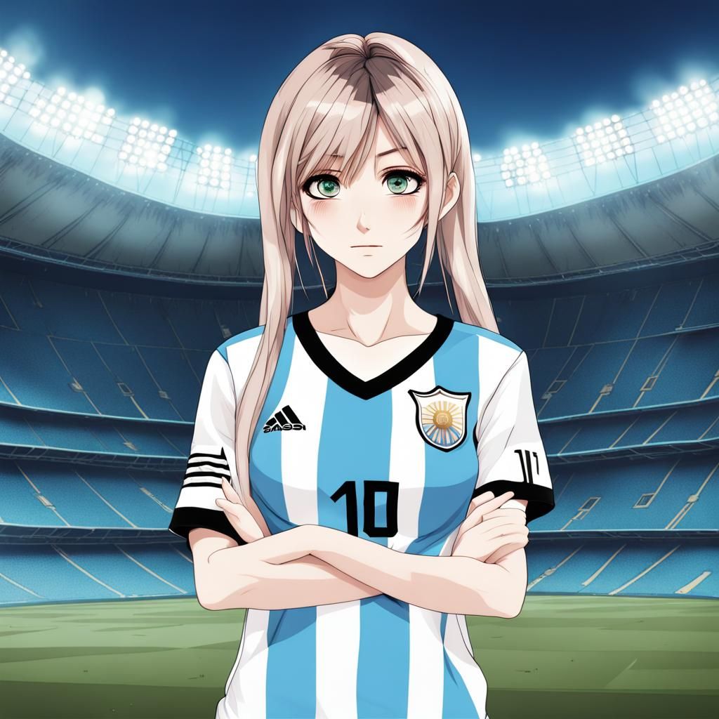 Anime Girl in Messi Jersey at Soccer Stadium