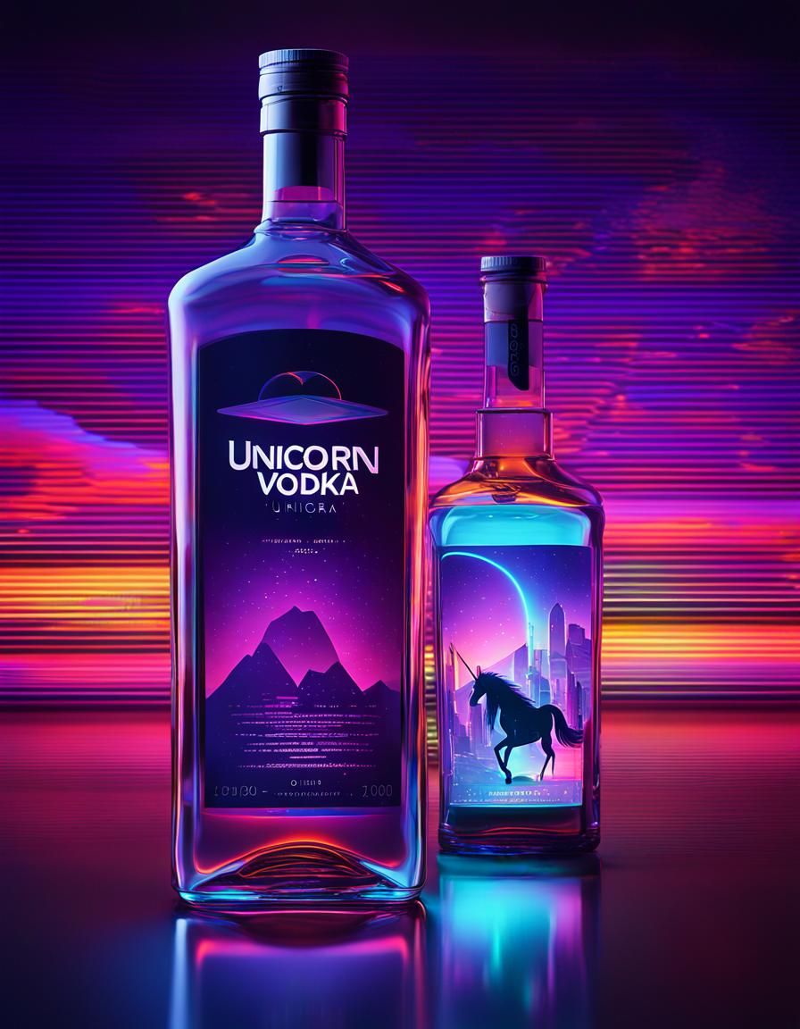 Unicorn Vodka Bottle in Glowing Neon Style
