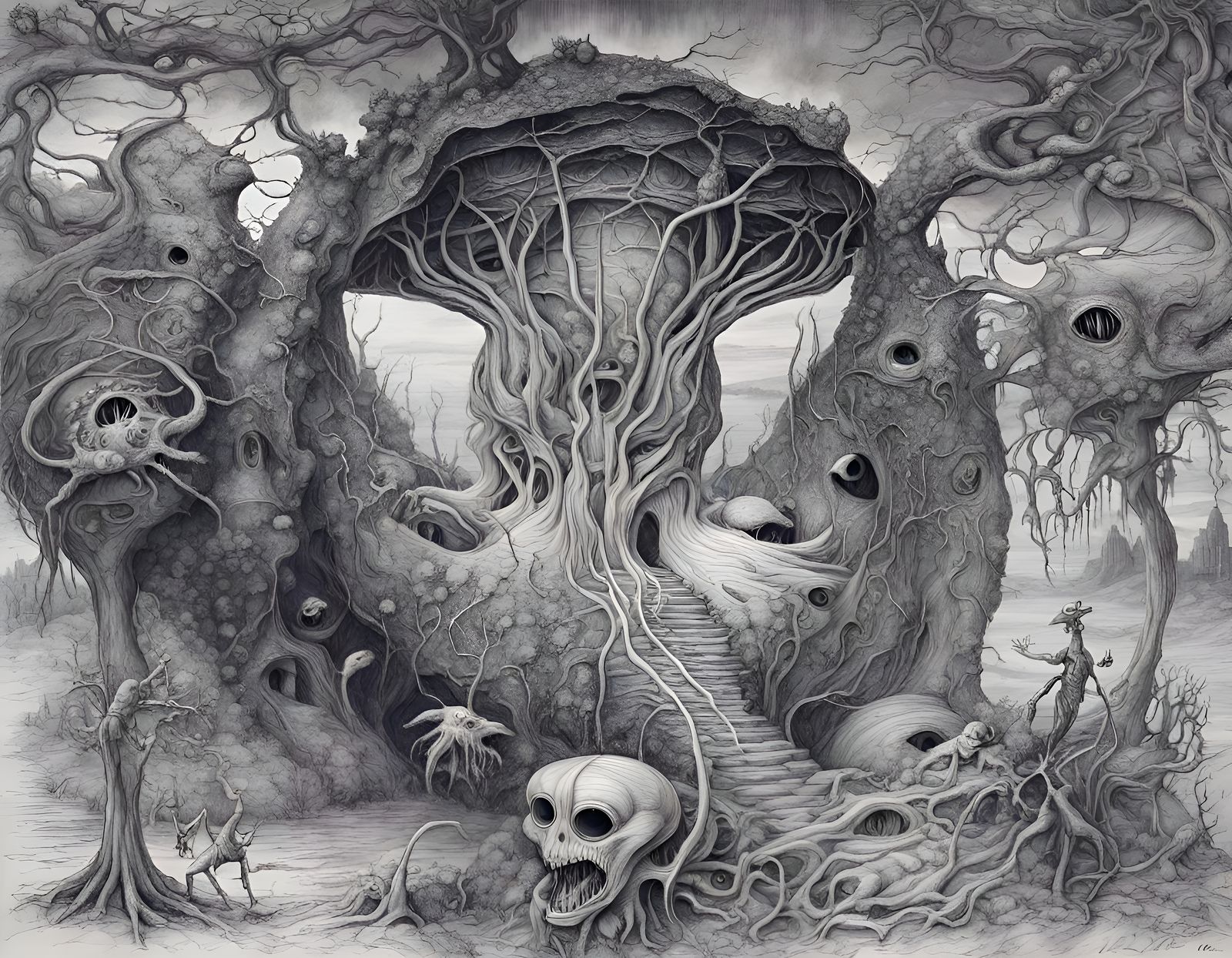 Surreal Landscape with Insectoid Creatures, Ballpoint Pen Dr...