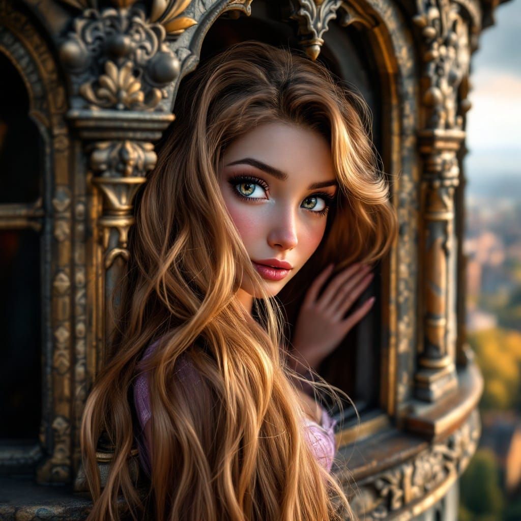 Hyperrealistic Rapunzel with Luminous Skin and Long Hair