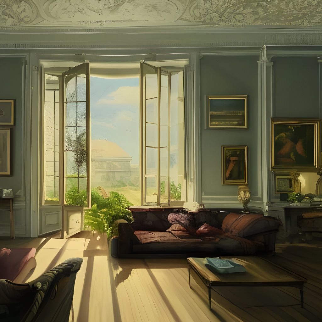 Realistic Living Room with Colonial Home View