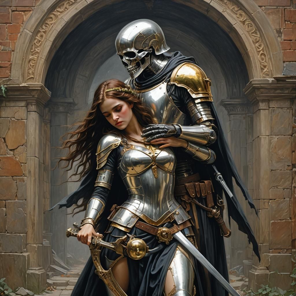 (((by John Collier, John William Waterhouse, pinup style, silver, gold), perfect anatomy, , , (,1 woman, soldier, embrac...