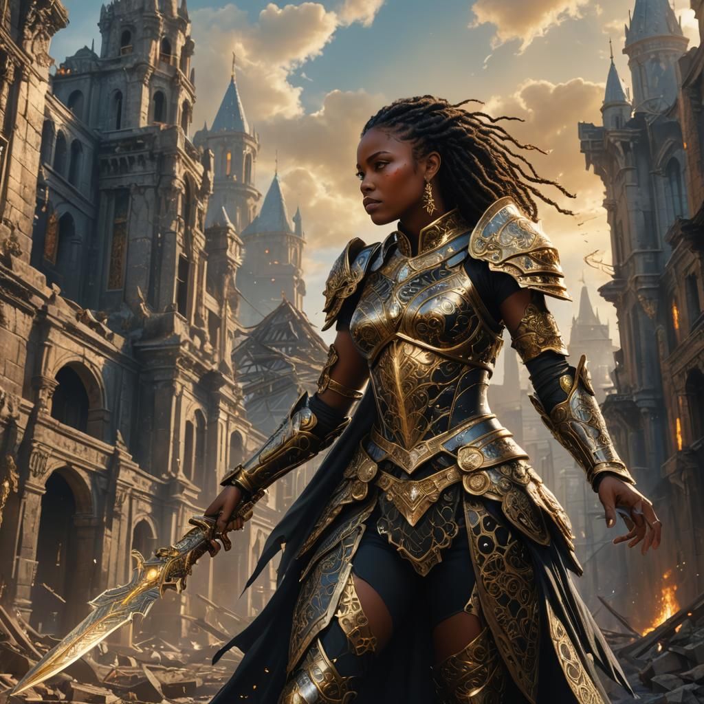 Majestic Black Female Warrior in Ornate Armor