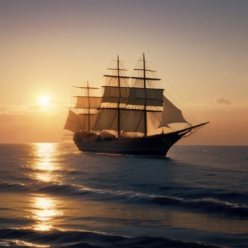 Ship on Calm Water in Golden Light