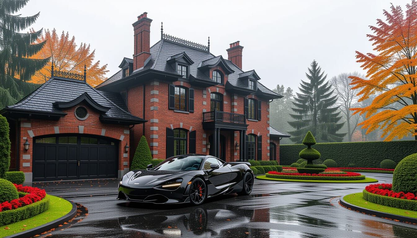 Victorian Chateau with McLaren in Misty Autumn Garden