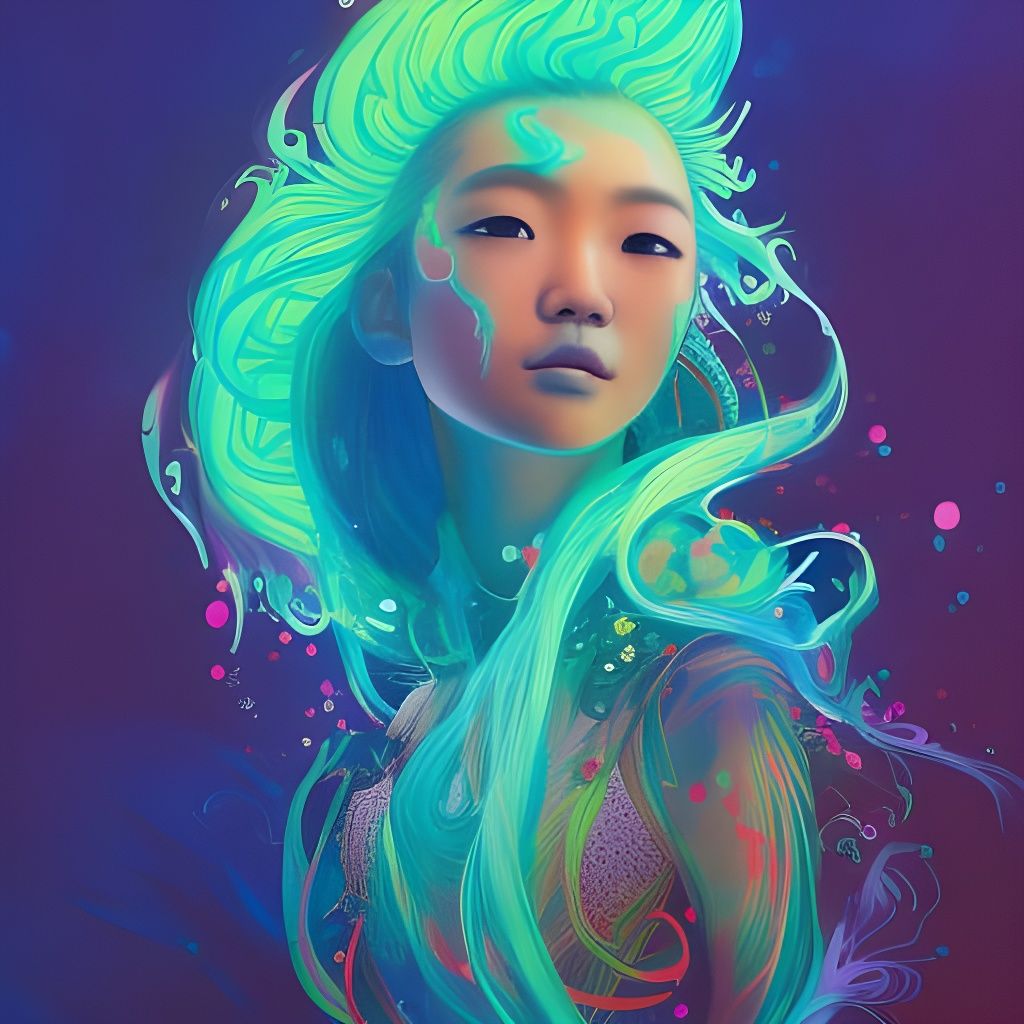 Hmong Girl with Neon Hair in Gouache Painting Style