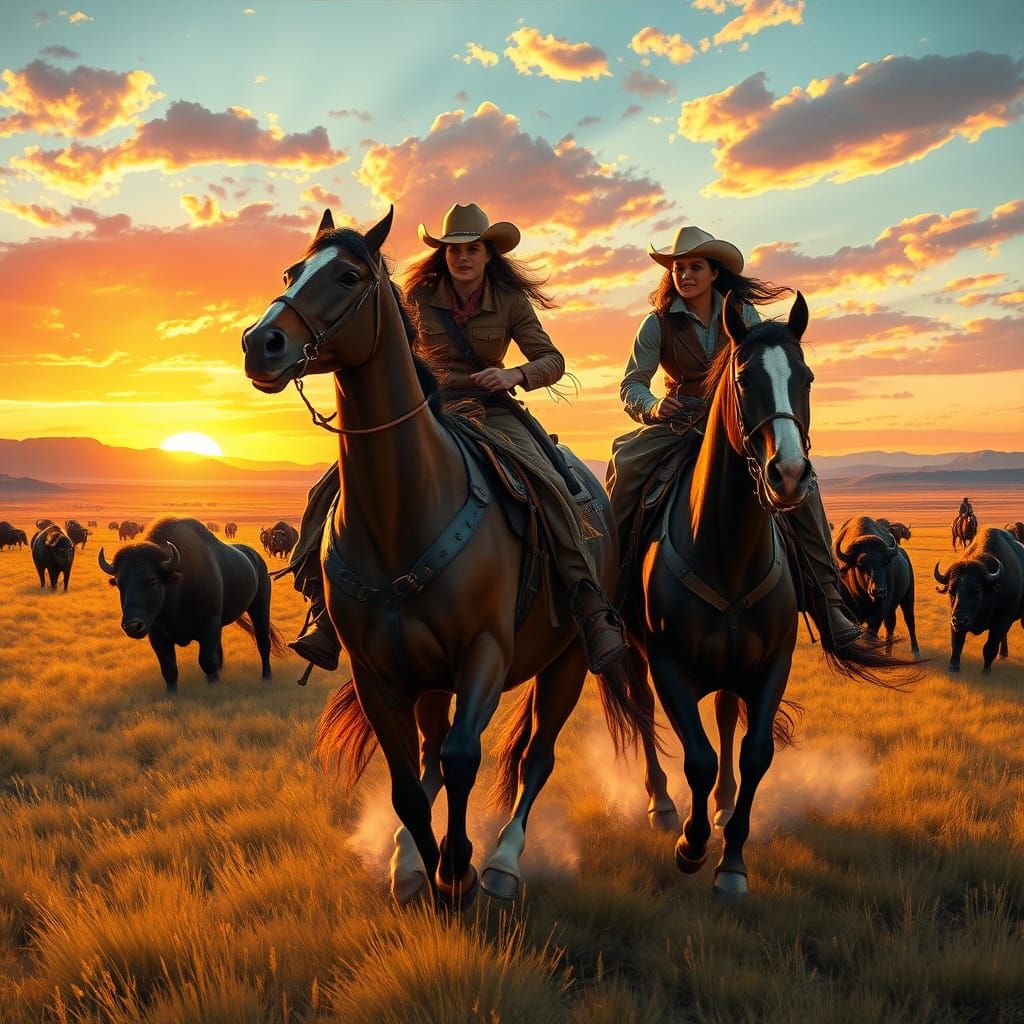 Western Cowboy and Cowgirl Ride at Sunset