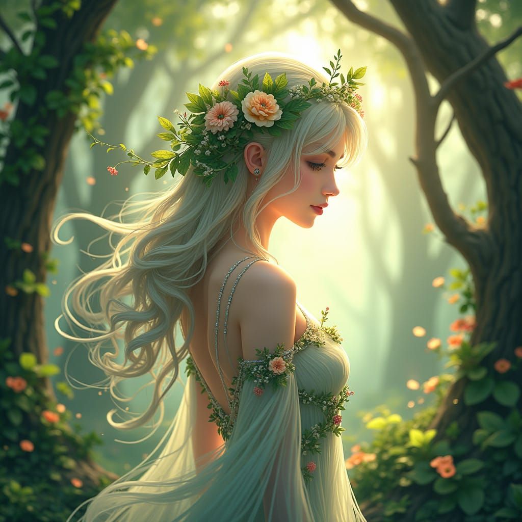 Ethereal Goddess of Nature, Surrounded by Verdant Glory