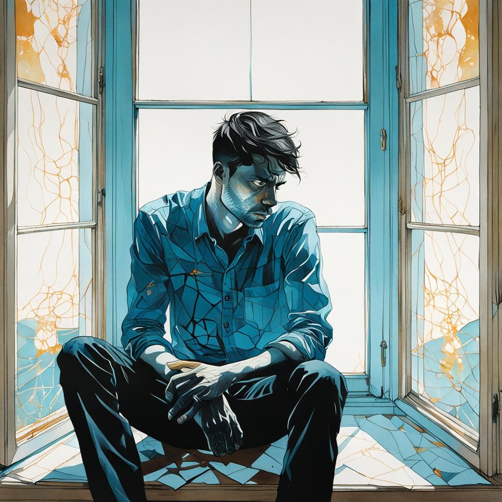 Contemplative Young Man Portrait in Line Art Style