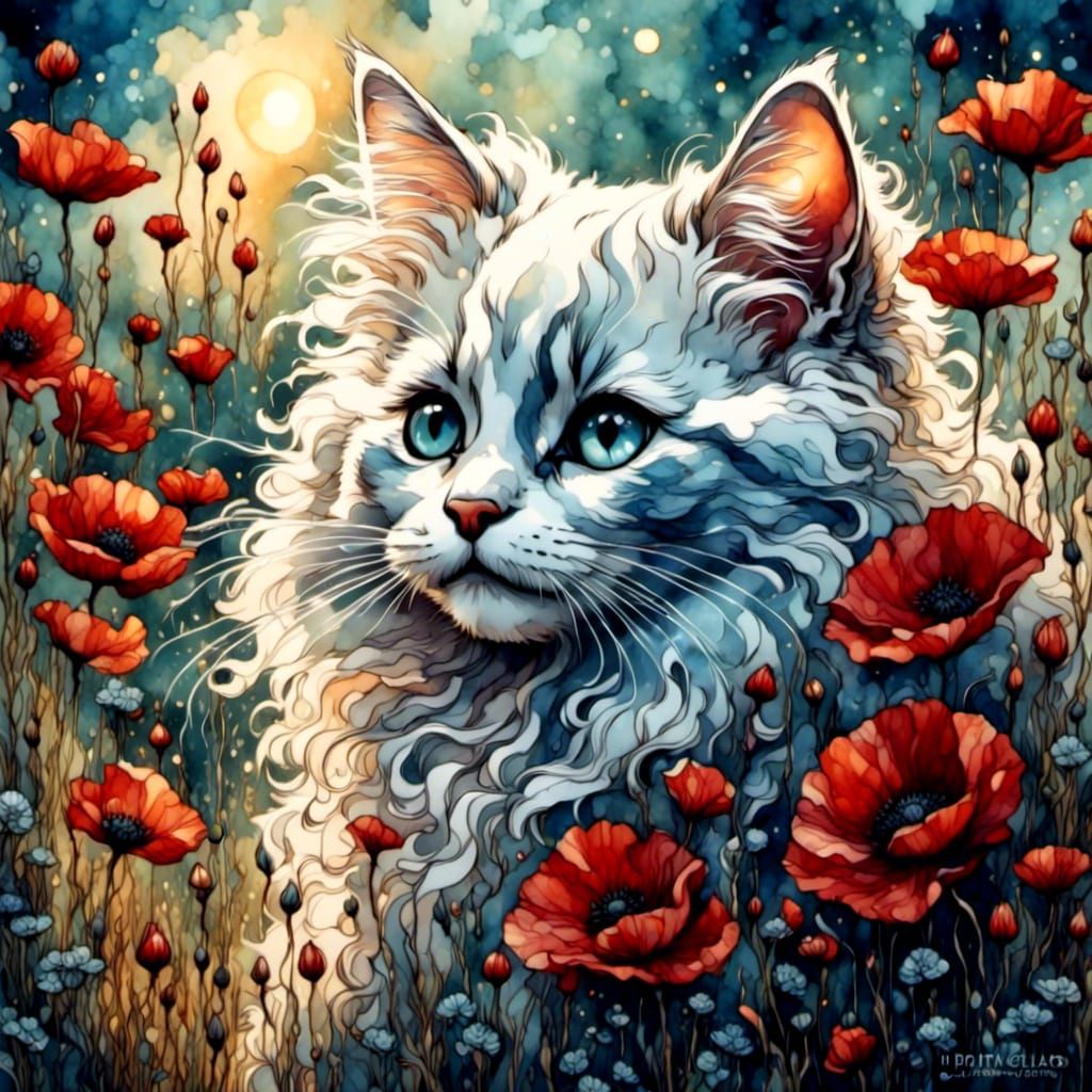 Kitten with Poppies in Watercolor Digital Painting