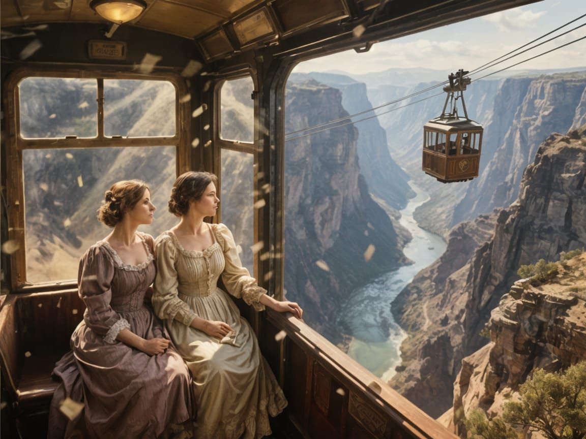 Victorian Women in Vintage Cablecar Over Canyon