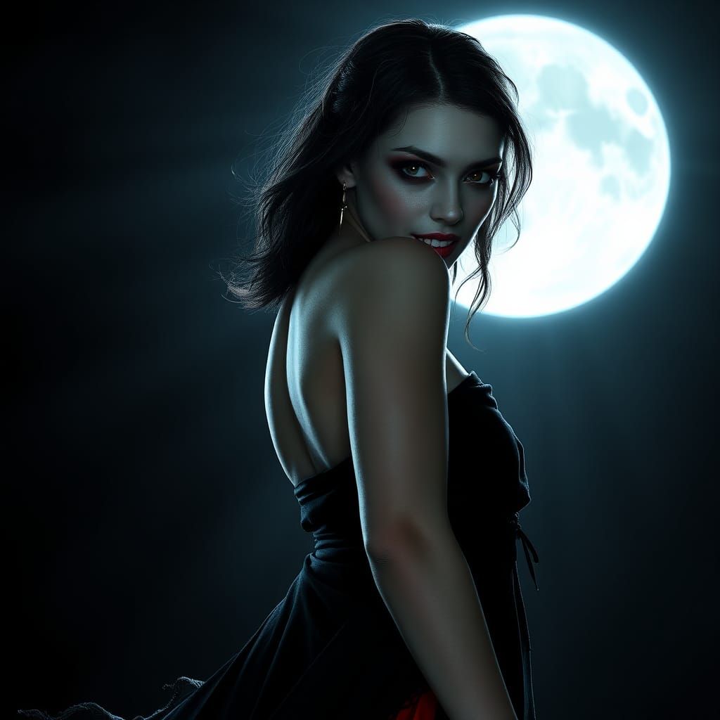 Hyperrealistic Vampire Hunter Under Full Moon