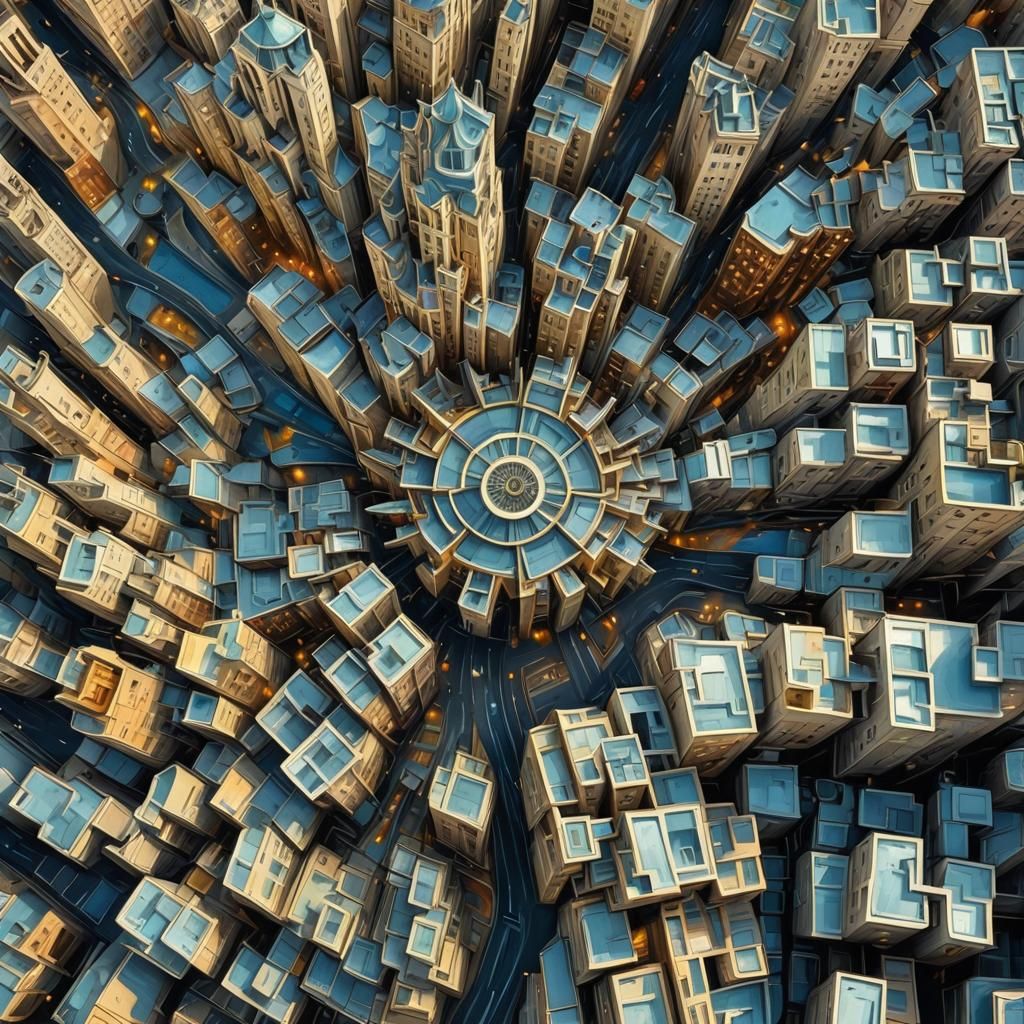 Fractal Cityscape: Surreal Impasto Cubist Aerial View
