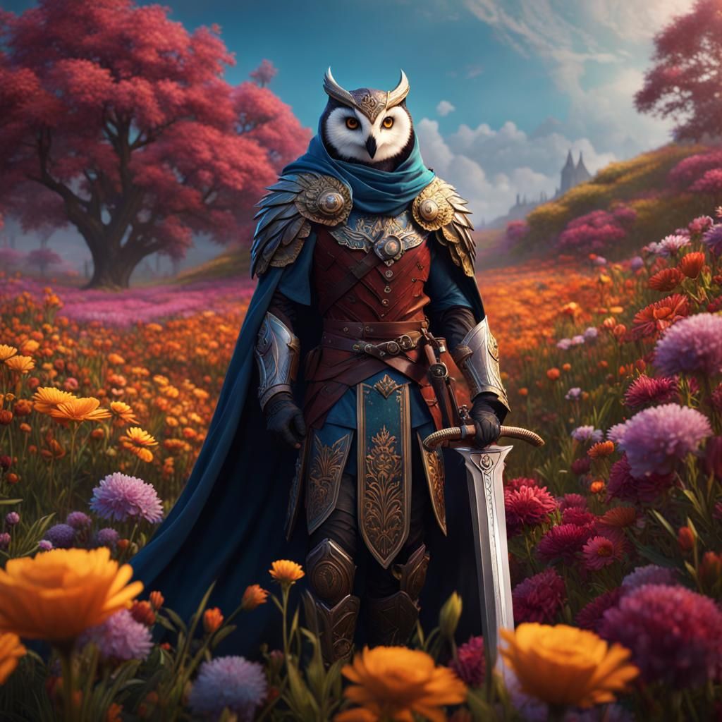 Owlin Warrior in Flower Field: Fantasy Concept Art