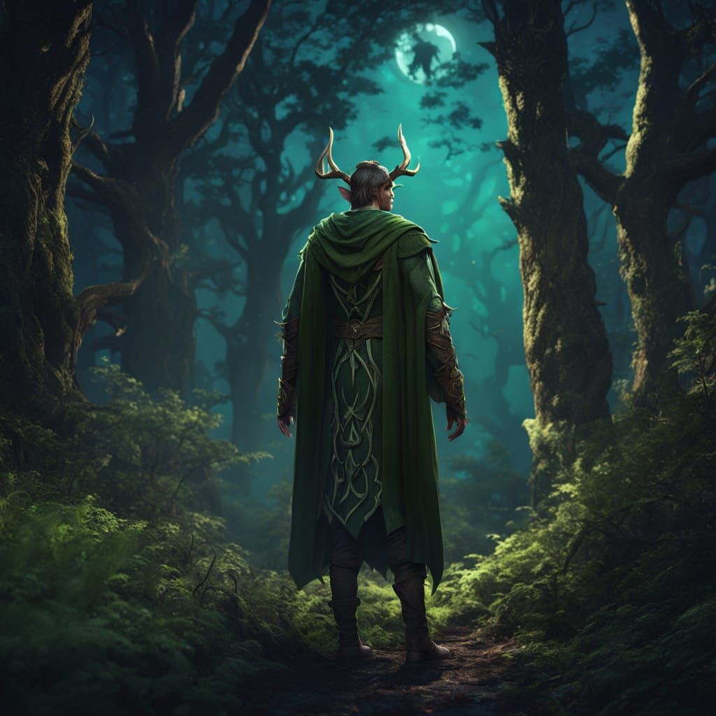 Wood Elf Druid in Moonlit Forest Fantasy Art