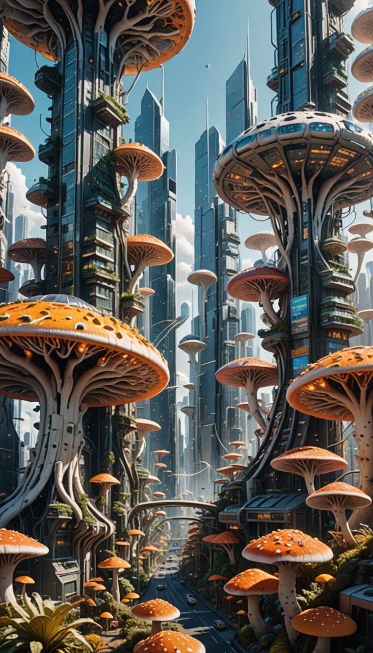 Surreal Cityscape in Vibrant Fungal Style
