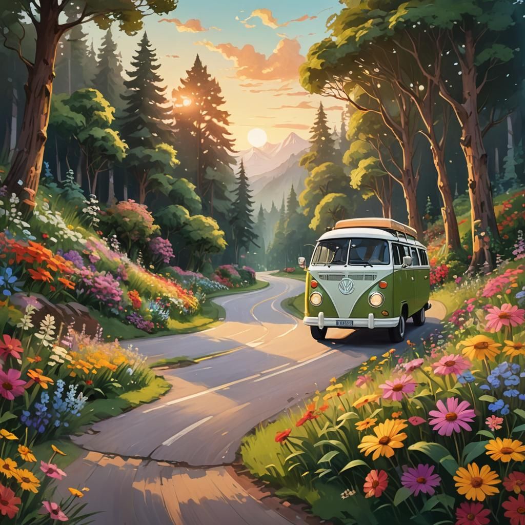 Whimsical Campervan Dreams in Vibrant Oil Painting Style