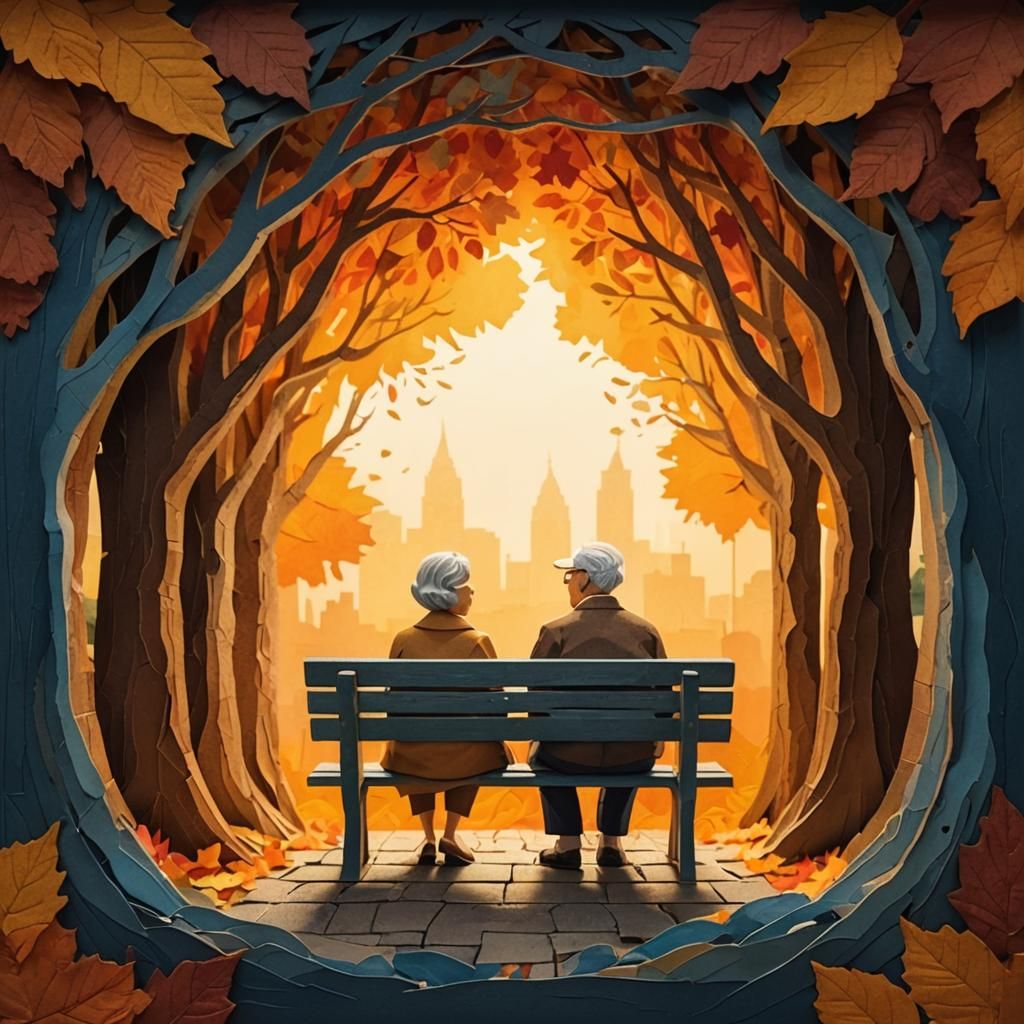paper collage diorama of a bench with grandma and grandpa sitting in a blue city park made of layered autumn+leaves cuto...