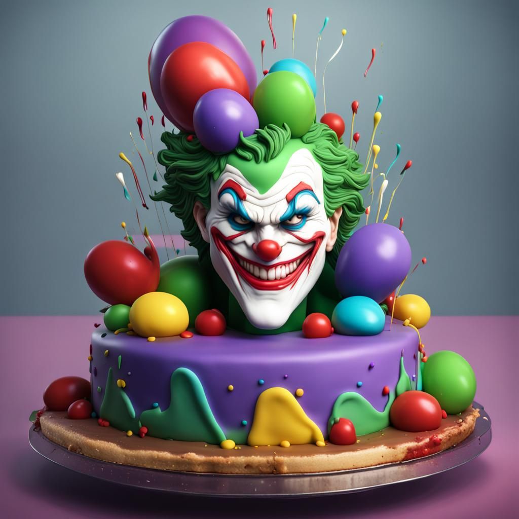 cake shaped as Joker laughing smiles big giant cake with colorful icing