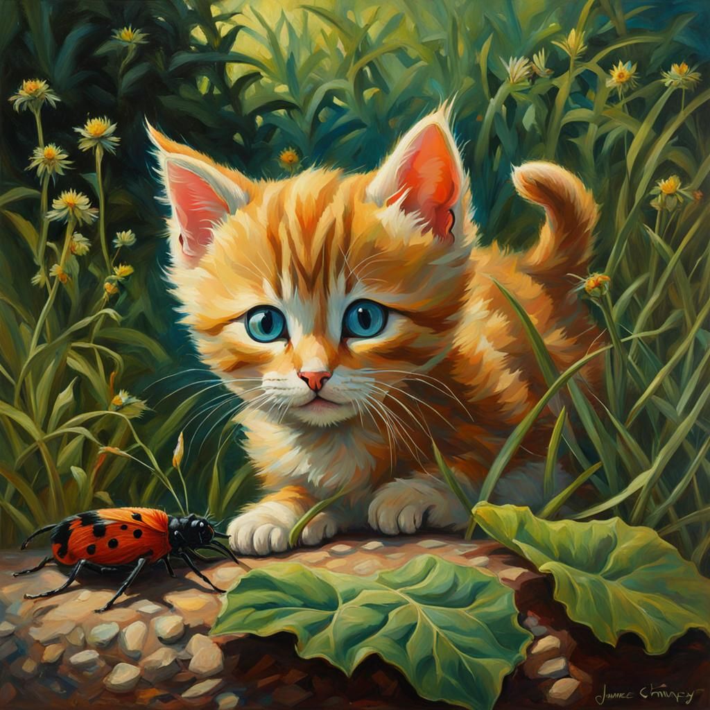 Kitten Hisses at Bug: Oil Painting in Triadic Colors
