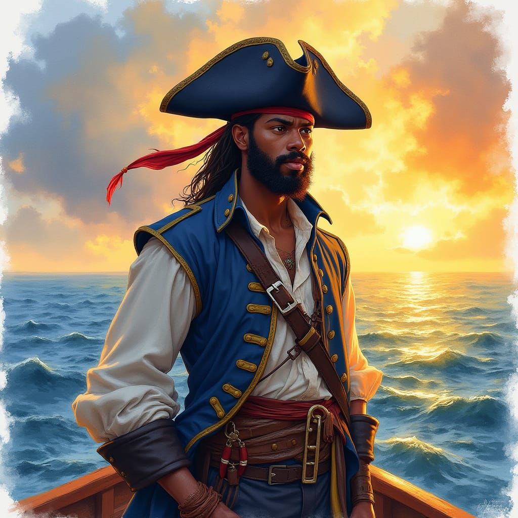 Black Pirate Captain at Sea: Impressionistic Watercolor