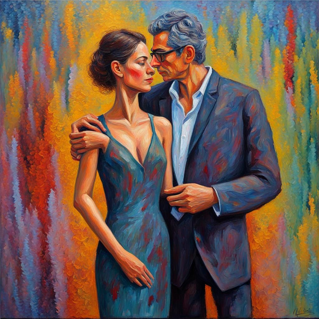 Man and Woman in Love: Neo-Impressionist Oil Painting