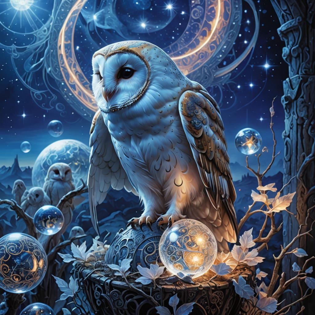 Barn Owl on Crystal Orb in Surrealist Style