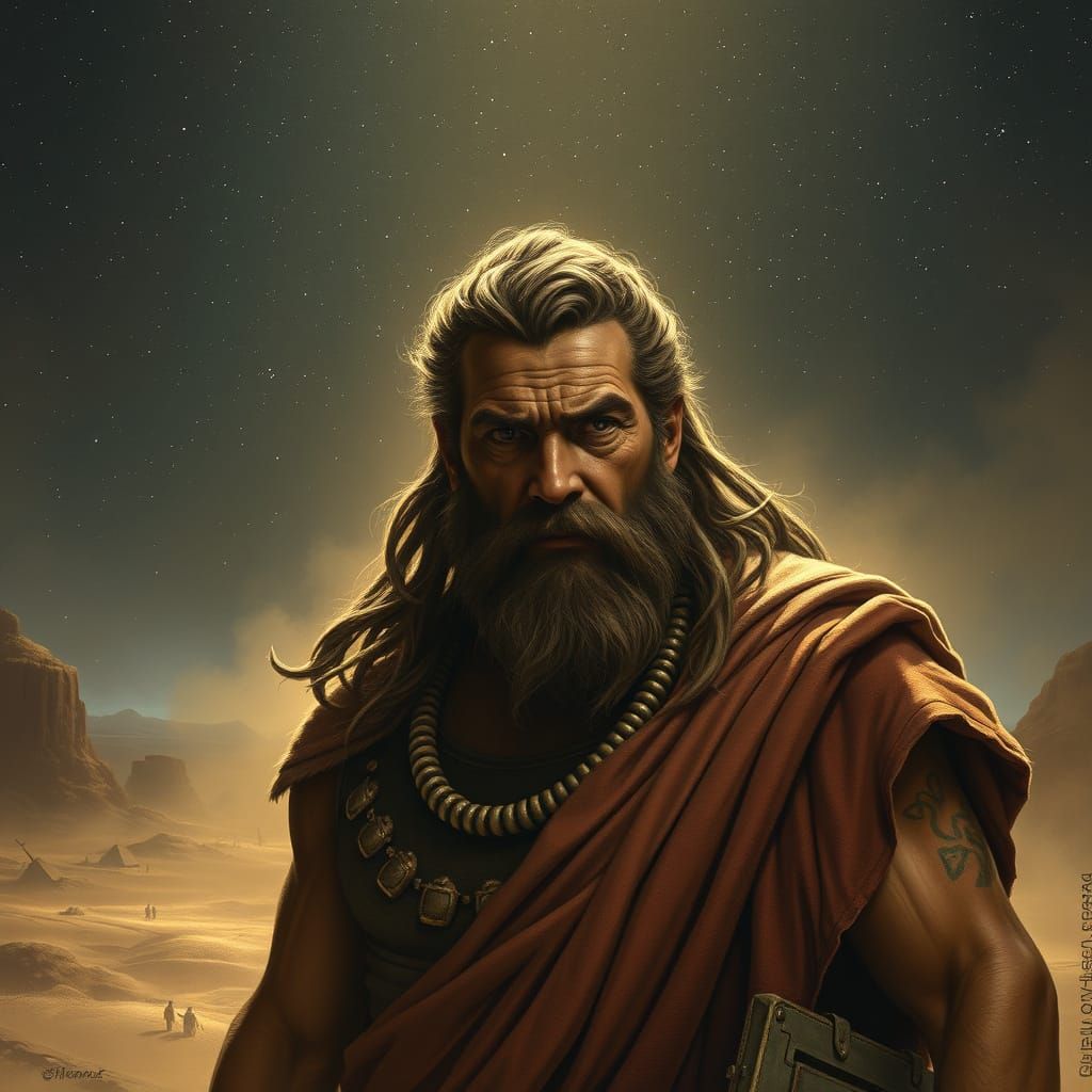 Gilgamesh Seeks Eternal Life in Desert Under Starry Night