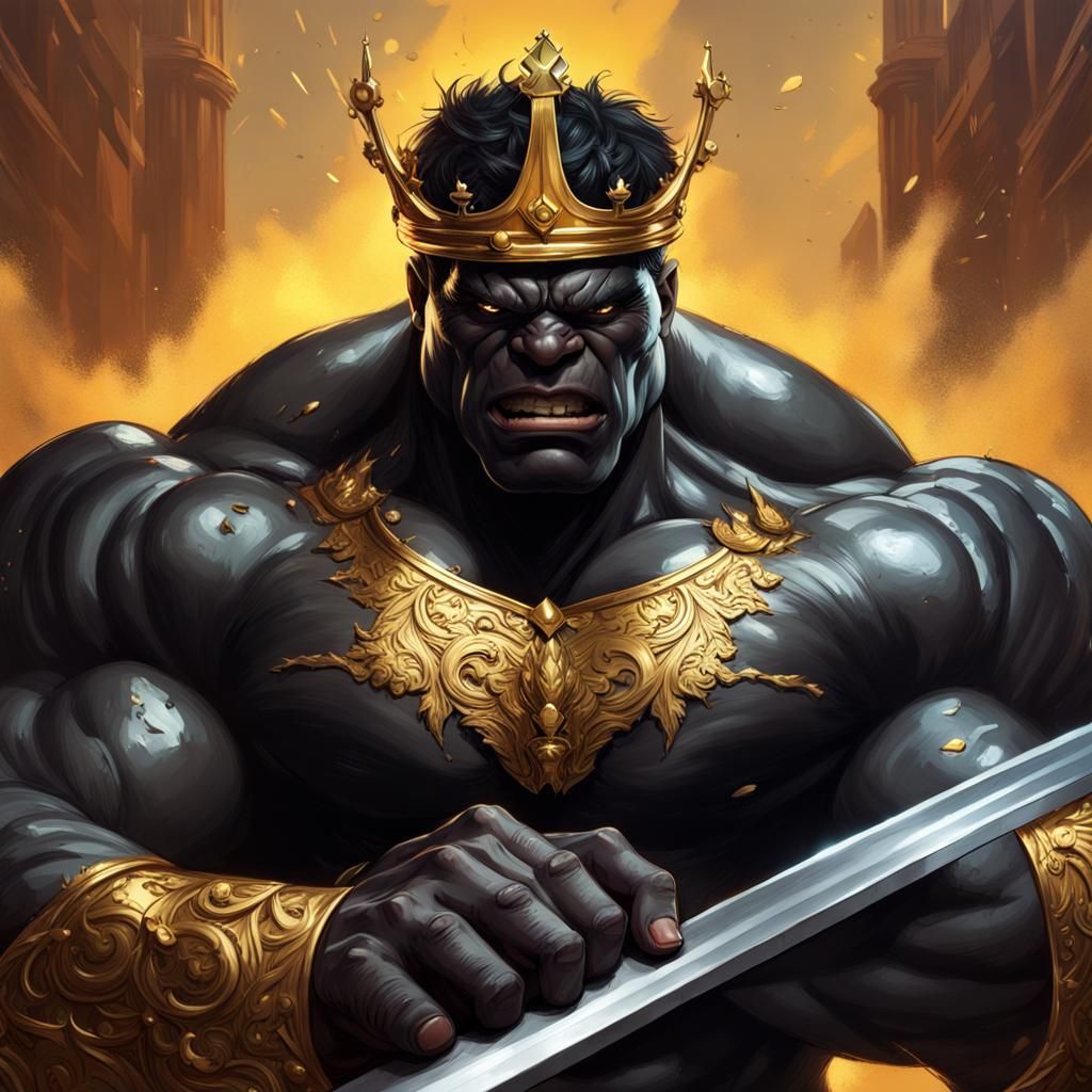 Black Hulk King with Gold Crown, Hyperrealistic Art
