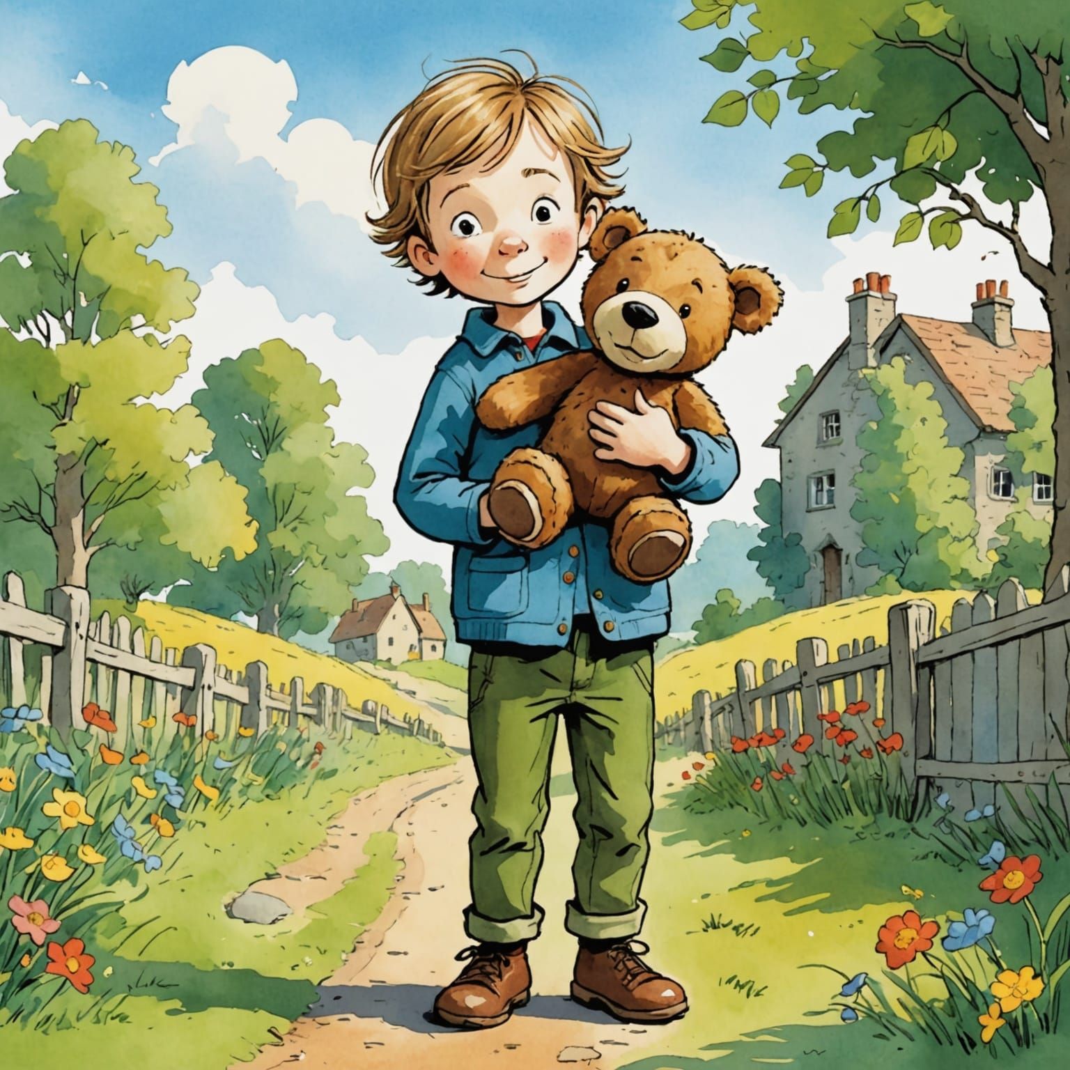 Charming Boy and Teddy Bear in Colorful Cartoon Style