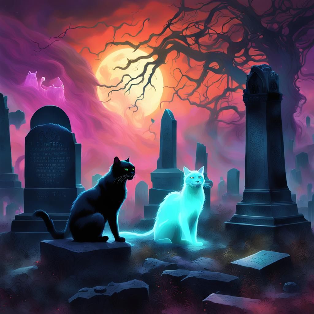 Ethereal Ghost Cat Confronts Panther in Graveyard