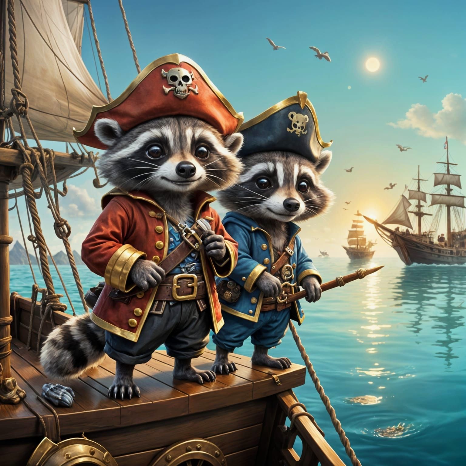 Cute Chibi Pirate Raccoons on a Ship