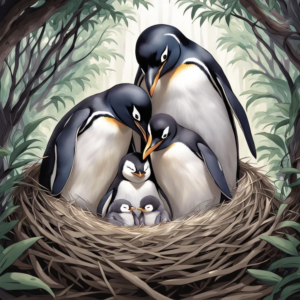 Penguin Parents on Nest in Anime Style