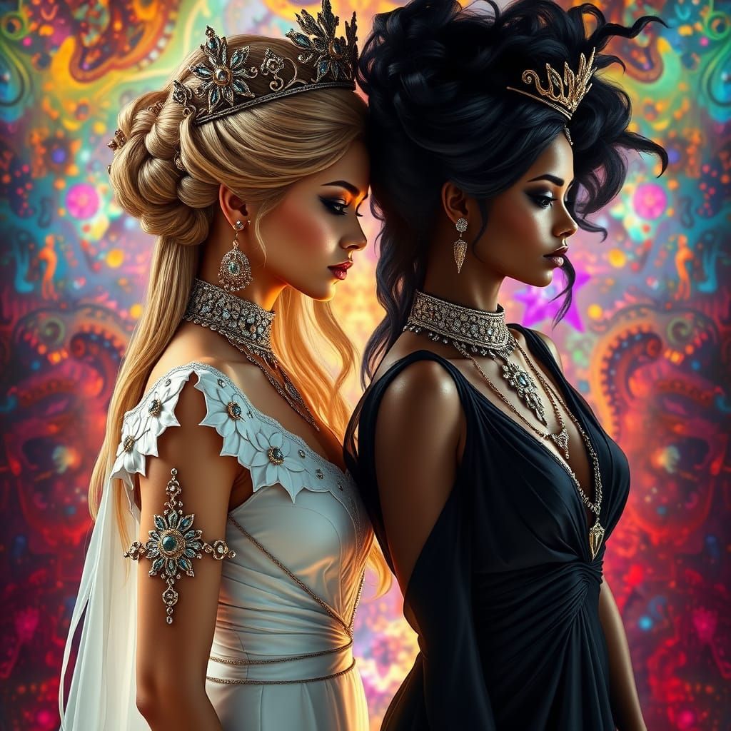 Hyperrealistic Goddesses Confronting Shadows in Dreamlike Re...