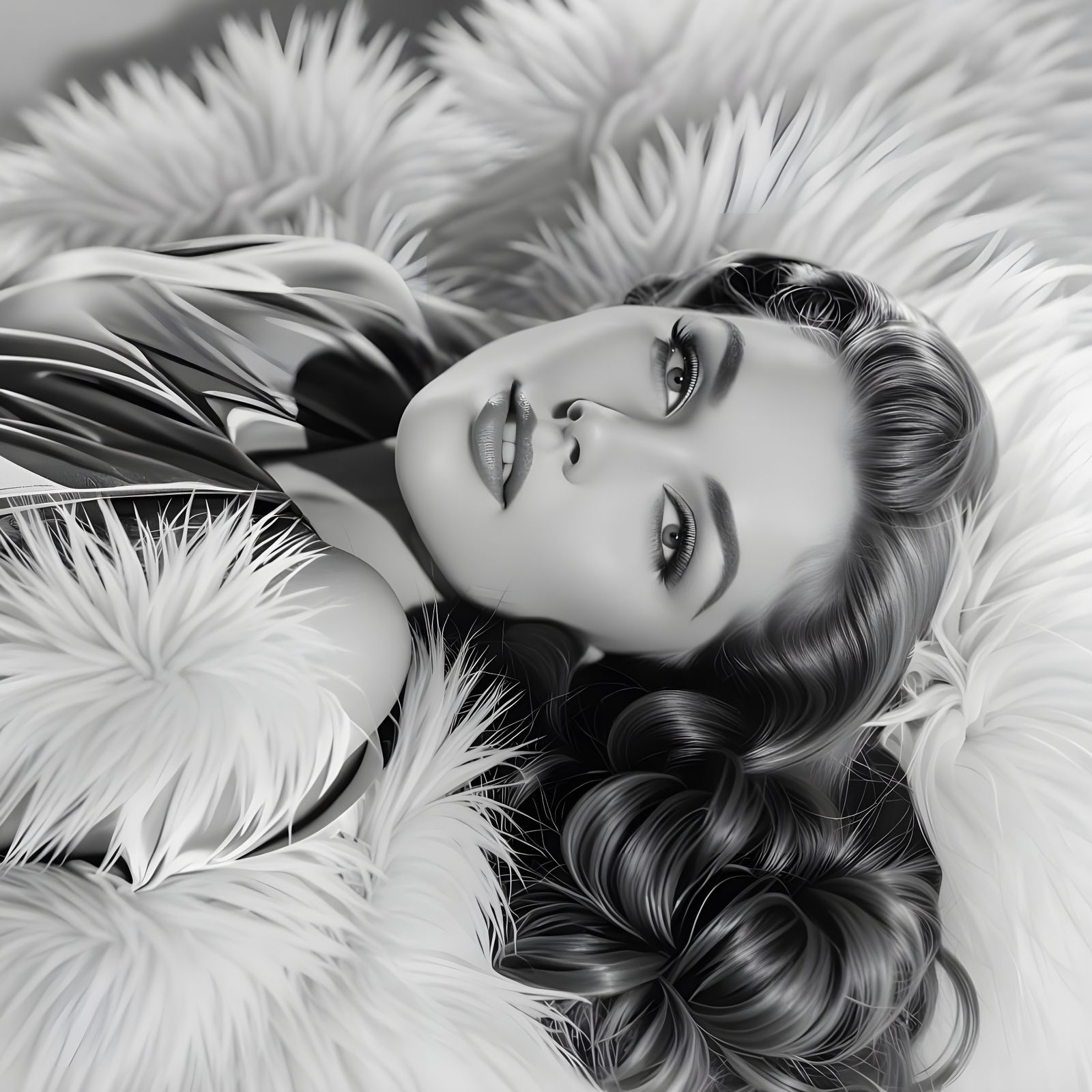 Monochrome Portrait of Woman Reclining on Fur