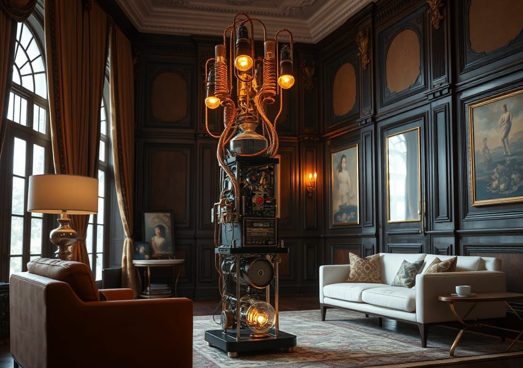 Steampunk Floor Lamp in Victorian Parlor