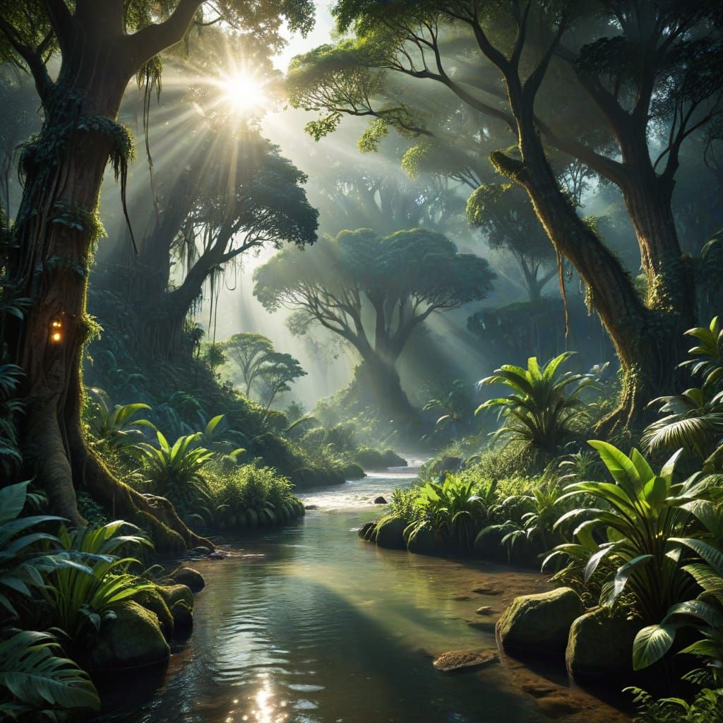 Mysterious Jungle River Scene in Vibrant Light