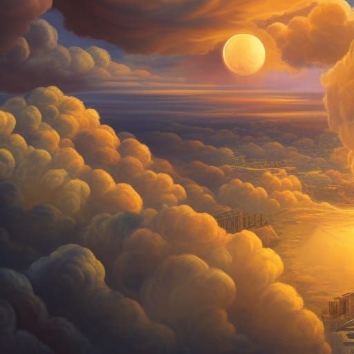 Greek Gods Survey Ancient City at Sunset