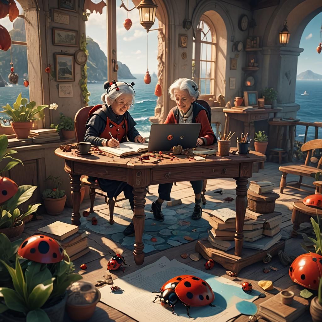Grandmother Writing Stories with Ladybug in Italy