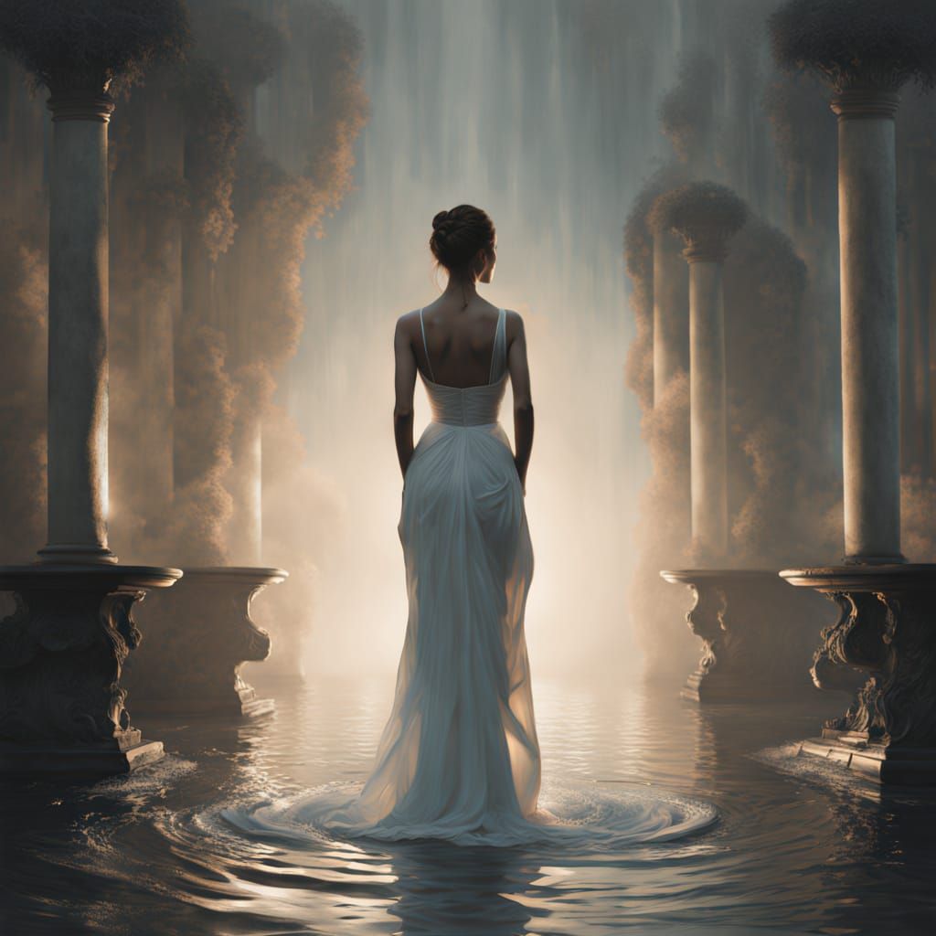 Elegant Woman by Fountain in Dramatic Oil Painting
