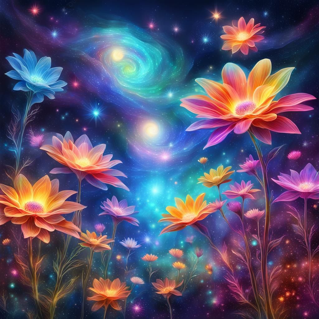 Heavenly Glowing Flowers: Cosmic Astral Illustration