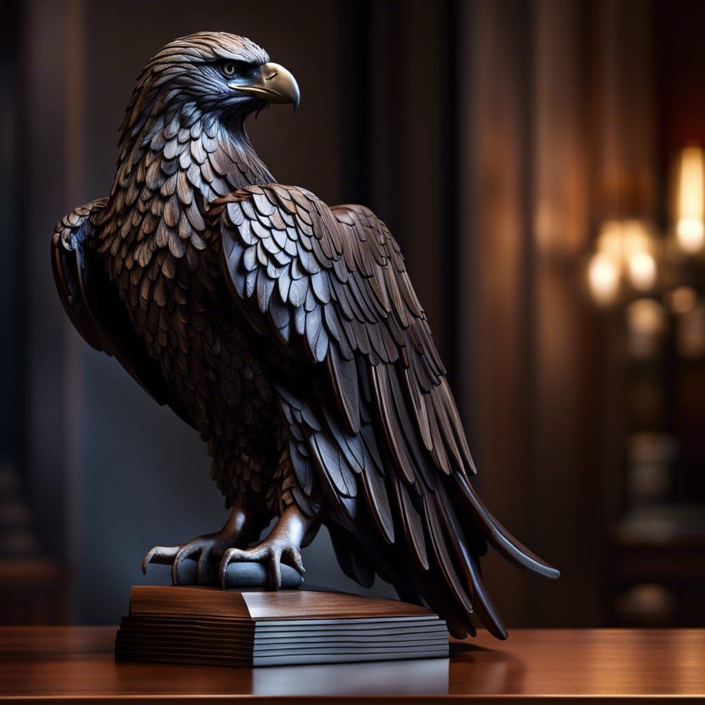 Basalt Eagle Statue on Polished Wood Table