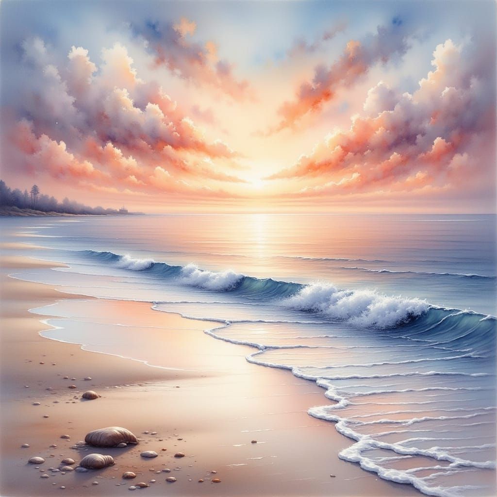 Serene Watercolor Sunset Over Mirroring Sea